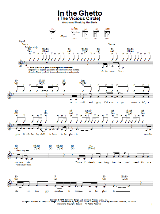 Preview Elvis Presley In The Ghetto (The Vicious Circle) Pop sheet music, notes and chords for Guitar with strumming patterns, SKU: 21043 sheet music, piano notes, chords, guitar tabs, score, transpose, transcribe, how to play, guide, download, learn, tutorial, progression, song, artist, awards, billboard, mtv, vh1, tour, single, album, release