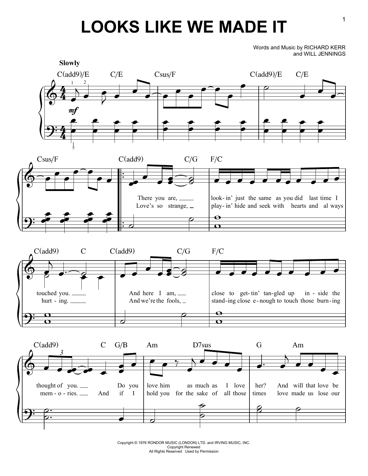 Preview Barry Manilow Looks Like We Made It Rock sheet music, notes and chords for Easy Piano, SKU: 21062 sheet music, piano notes, chords, guitar tabs, score, transpose, transcribe, how to play, guide, download, learn, tutorial, progression, song, artist, awards, billboard, mtv, vh1, tour, single, album, release