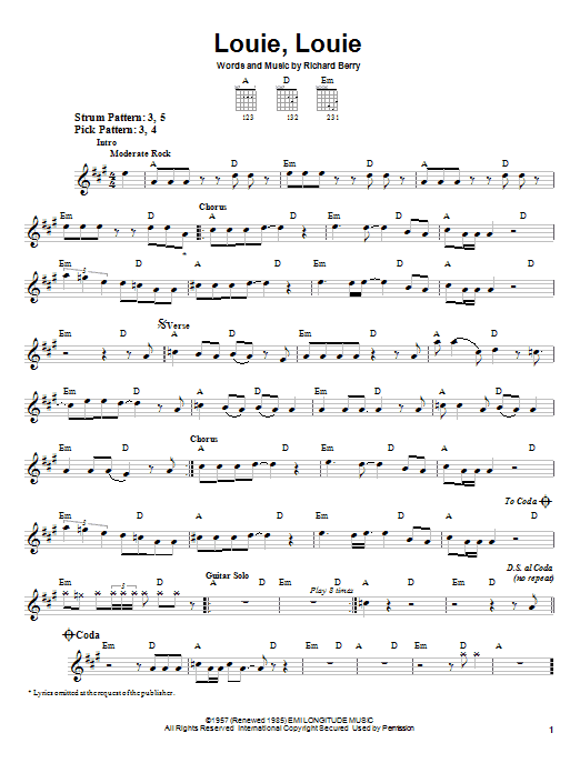 Preview The Kingsmen Louie, Louie Rock sheet music, notes and chords for Easy Guitar, SKU: 21063 sheet music, piano notes, chords, guitar tabs, score, transpose, transcribe, how to play, guide, download, learn, tutorial, progression, song, artist, awards, billboard, mtv, vh1, tour, single, album, release