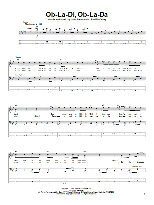 Preview The Beatles Ob-La-Di, Ob-La-Da Rock sheet music, notes and chords for Bass Guitar Tab, SKU: 21091 sheet music, piano notes, chords, guitar tabs, score, transpose, transcribe, how to play, guide, download, learn, tutorial, progression, song, artist, awards, billboard, mtv, vh1, tour, single, album, release