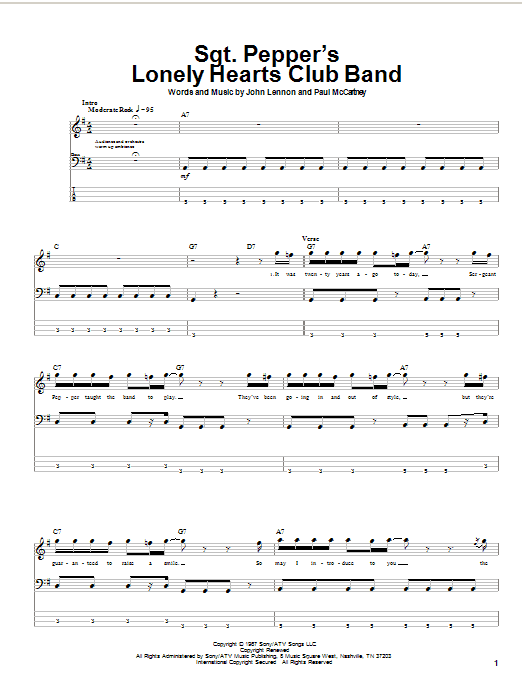 Preview The Beatles Sgt. Pepper's Lonely Hearts Club Band Rock sheet music, notes and chords for Bass Guitar Tab, SKU: 21123 sheet music, piano notes, chords, guitar tabs, score, transpose, transcribe, how to play, guide, download, learn, tutorial, progression, song, artist, awards, billboard, mtv, vh1, tour, single, album, release