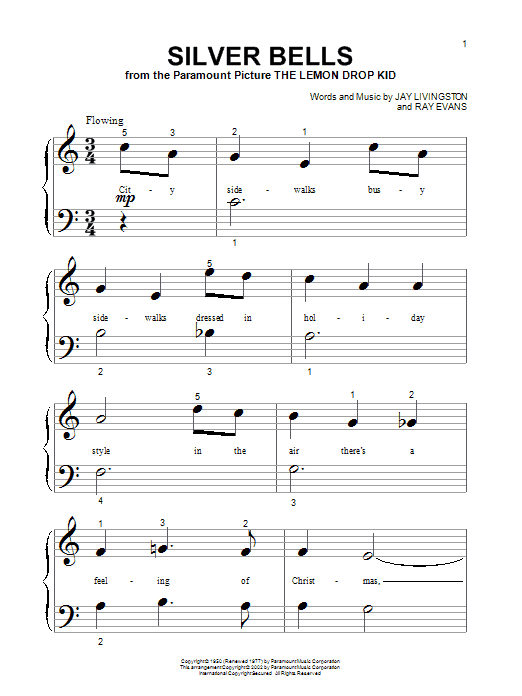 Preview Jay Livingston Silver Bells Christmas sheet music, notes and chords for Piano (Big Notes), SKU: 21129 sheet music, piano notes, chords, guitar tabs, score, transpose, transcribe, how to play, guide, download, learn, tutorial, progression, song, artist, awards, billboard, mtv, vh1, tour, single, album, release