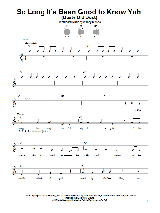 Preview Woody Guthrie So Long It's Been Good To Know Yuh (Dusty Old Dust) Jazz sheet music, notes and chords for Easy Guitar, SKU: 21133 sheet music, piano notes, chords, guitar tabs, score, transpose, transcribe, how to play, guide, download, learn, tutorial, progression, song, artist, awards, billboard, mtv, vh1, tour, single, album, release