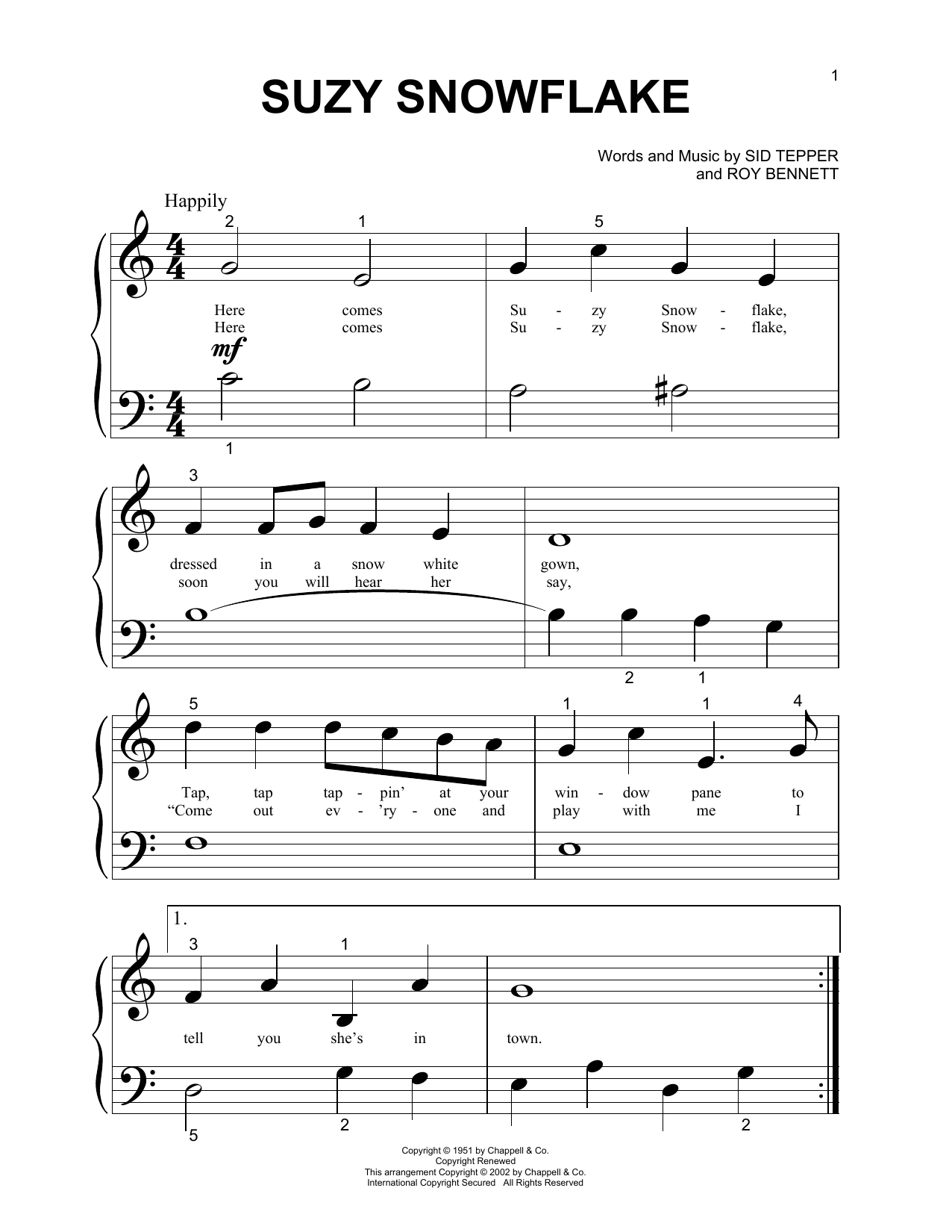 Preview Rosemary Clooney Suzy Snowflake Folk sheet music, notes and chords for Piano (Big Notes), SKU: 21145 sheet music, piano notes, chords, guitar tabs, score, transpose, transcribe, how to play, guide, download, learn, tutorial, progression, song, artist, awards, billboard, mtv, vh1, tour, single, album, release