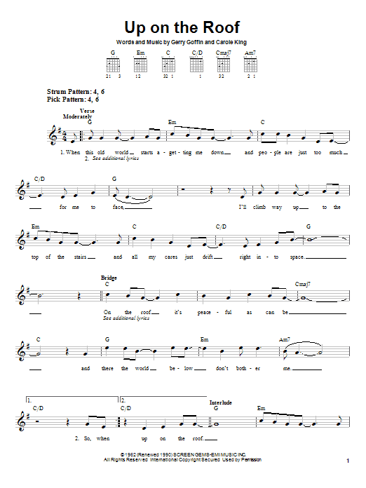 Preview The Drifters Up On The Roof Rock sheet music, notes and chords for Easy Guitar, SKU: 21168 sheet music, piano notes, chords, guitar tabs, score, transpose, transcribe, how to play, guide, download, learn, tutorial, progression, song, artist, awards, billboard, mtv, vh1, tour, single, album, release