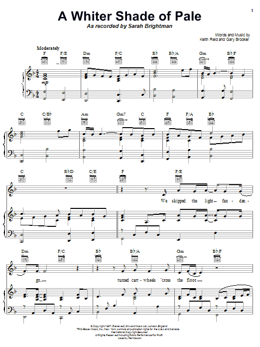 Preview Sarah Brightman A Whiter Shade Of Pale Rock sheet music, notes and chords for Piano, Vocal & Guitar (Right-Hand Melody), SKU: 21178 sheet music, piano notes, chords, guitar tabs, score, transpose, transcribe, how to play, guide, download, learn, tutorial, progression, song, artist, awards, billboard, mtv, vh1, tour, single, album, release