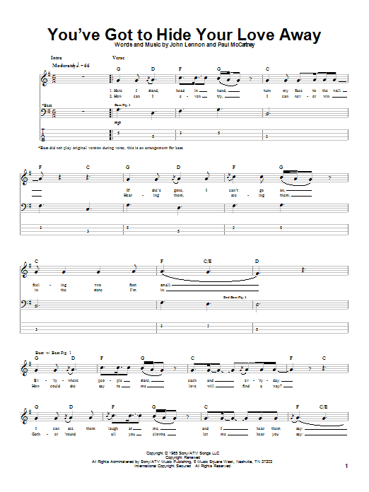 Preview The Beatles You've Got To Hide Your Love Away Pop sheet music, notes and chords for Bass Guitar Tab, SKU: 21198 sheet music, piano notes, chords, guitar tabs, score, transpose, transcribe, how to play, guide, download, learn, tutorial, progression, song, artist, awards, billboard, mtv, vh1, tour, single, album, release
