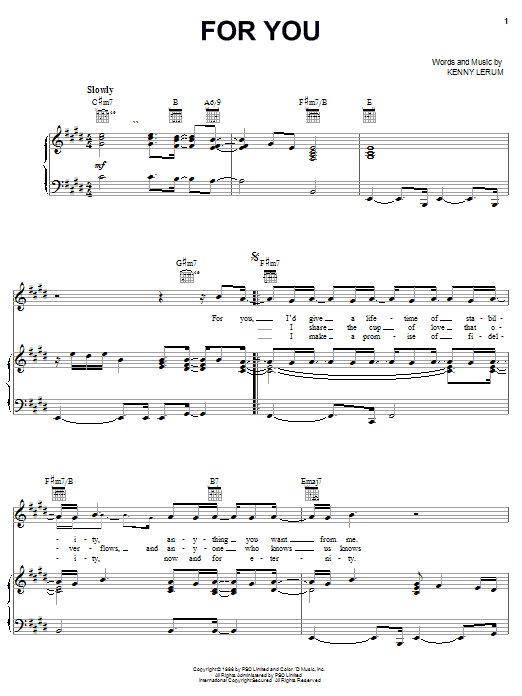 Preview Kenny Lerum For You Pop sheet music, notes and chords for Piano, Vocal & Guitar (Right-Hand Melody), SKU: 21225 sheet music, piano notes, chords, guitar tabs, score, transpose, transcribe, how to play, guide, download, learn, tutorial, progression, song, artist, awards, billboard, mtv, vh1, tour, single, album, release