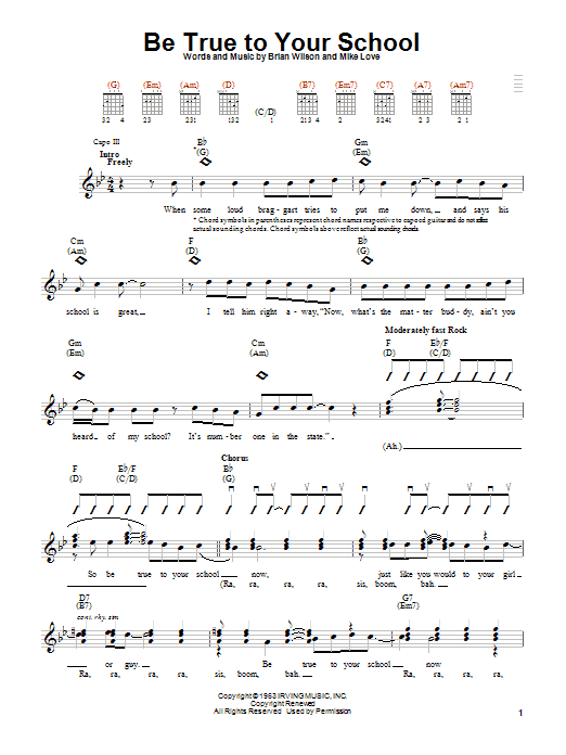 Preview The Beach Boys Be True To Your School Rock sheet music, notes and chords for Guitar with strumming patterns, SKU: 21257 sheet music, piano notes, chords, guitar tabs, score, transpose, transcribe, how to play, guide, download, learn, tutorial, progression, song, artist, awards, billboard, mtv, vh1, tour, single, album, release