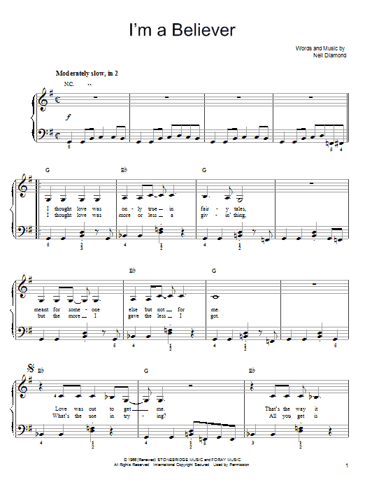 Preview Smash Mouth I'm A Believer Rock sheet music, notes and chords for Easy Piano, SKU: 21264 sheet music, piano notes, chords, guitar tabs, score, transpose, transcribe, how to play, guide, download, learn, tutorial, progression, song, artist, awards, billboard, mtv, vh1, tour, single, album, release