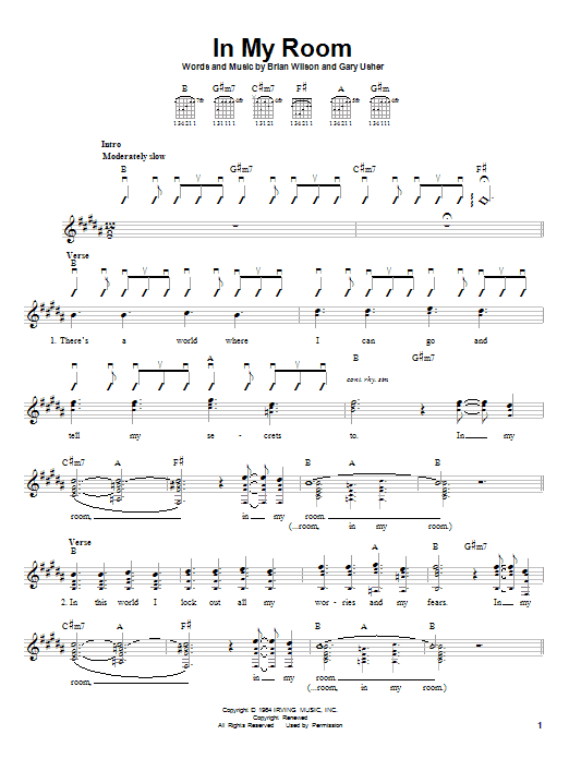 Preview The Beach Boys In My Room Classics sheet music, notes and chords for Guitar with strumming patterns, SKU: 21265 sheet music, piano notes, chords, guitar tabs, score, transpose, transcribe, how to play, guide, download, learn, tutorial, progression, song, artist, awards, billboard, mtv, vh1, tour, single, album, release
