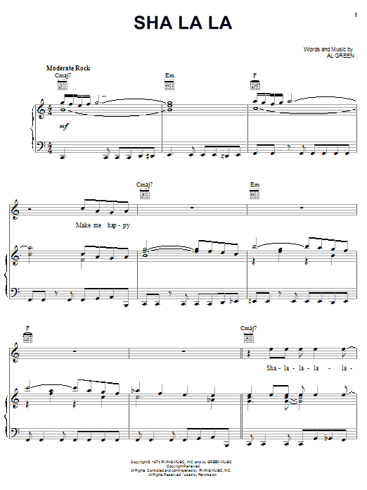 Preview Al Green Sha La La Soul sheet music, notes and chords for Piano, Vocal & Guitar (Right-Hand Melody), SKU: 21284 sheet music, piano notes, chords, guitar tabs, score, transpose, transcribe, how to play, guide, download, learn, tutorial, progression, song, artist, awards, billboard, mtv, vh1, tour, single, album, release