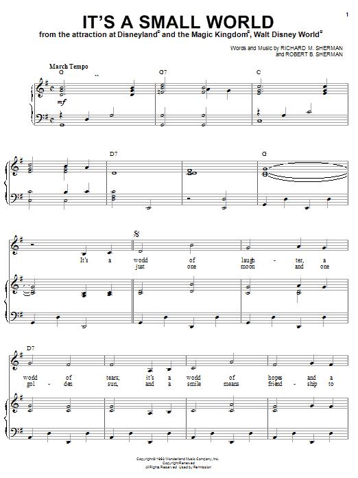 Preview Sherman Brothers It's A Small World Pop sheet music, notes and chords for Piano, Vocal & Guitar (Right-Hand Melody), SKU: 21290 sheet music, piano notes, chords, guitar tabs, score, transpose, transcribe, how to play, guide, download, learn, tutorial, progression, song, artist, awards, billboard, mtv, vh1, tour, single, album, release