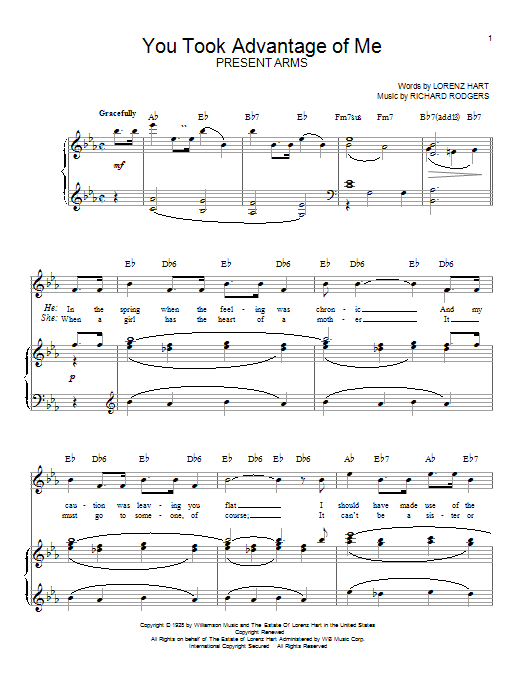 Preview Rodgers & Hart You Took Advantage Of Me Musicals sheet music, notes and chords for Piano, Vocal & Guitar (Right-Hand Melody), SKU: 21303 sheet music, piano notes, chords, guitar tabs, score, transpose, transcribe, how to play, guide, download, learn, tutorial, progression, song, artist, awards, billboard, mtv, vh1, tour, single, album, release