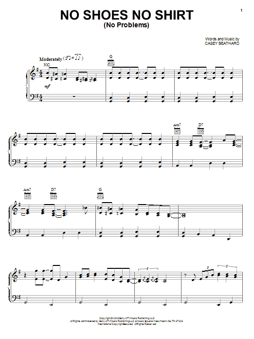 Preview Kenny Chesney No Shoes No Shirt (No Problems) Pop sheet music, notes and chords for Piano, Vocal & Guitar (Right-Hand Melody), SKU: 21314 sheet music, piano notes, chords, guitar tabs, score, transpose, transcribe, how to play, guide, download, learn, tutorial, progression, song, artist, awards, billboard, mtv, vh1, tour, single, album, release