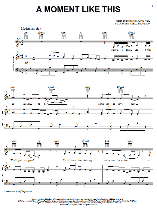 Preview Kelly Clarkson A Moment Like This Rock sheet music, notes and chords for Piano, Vocal & Guitar (Right-Hand Melody), SKU: 21330 sheet music, piano notes, chords, guitar tabs, score, transpose, transcribe, how to play, guide, download, learn, tutorial, progression, song, artist, awards, billboard, mtv, vh1, tour, single, album, release