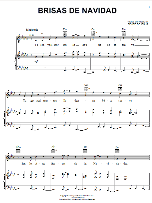 Preview Benito De Jesus Brisas De Navidad World sheet music, notes and chords for Piano, Vocal & Guitar (Right-Hand Melody), SKU: 21350 sheet music, piano notes, chords, guitar tabs, score, transpose, transcribe, how to play, guide, download, learn, tutorial, progression, song, artist, awards, billboard, mtv, vh1, tour, single, album, release