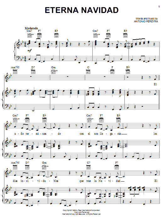 Preview Antonio Pereyra Eterna Navidad World sheet music, notes and chords for Piano, Vocal & Guitar (Right-Hand Melody), SKU: 21352 sheet music, piano notes, chords, guitar tabs, score, transpose, transcribe, how to play, guide, download, learn, tutorial, progression, song, artist, awards, billboard, mtv, vh1, tour, single, album, release