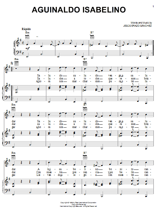 Preview Jesús Erazo Sánchez Aguinaldo Isabelino World sheet music, notes and chords for Piano, Vocal & Guitar (Right-Hand Melody), SKU: 21357 sheet music, piano notes, chords, guitar tabs, score, transpose, transcribe, how to play, guide, download, learn, tutorial, progression, song, artist, awards, billboard, mtv, vh1, tour, single, album, release