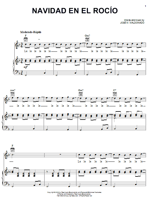 Preview José M. Maldonado Navidad En El Rocío World sheet music, notes and chords for Piano, Vocal & Guitar (Right-Hand Melody), SKU: 21360 sheet music, piano notes, chords, guitar tabs, score, transpose, transcribe, how to play, guide, download, learn, tutorial, progression, song, artist, awards, billboard, mtv, vh1, tour, single, album, release