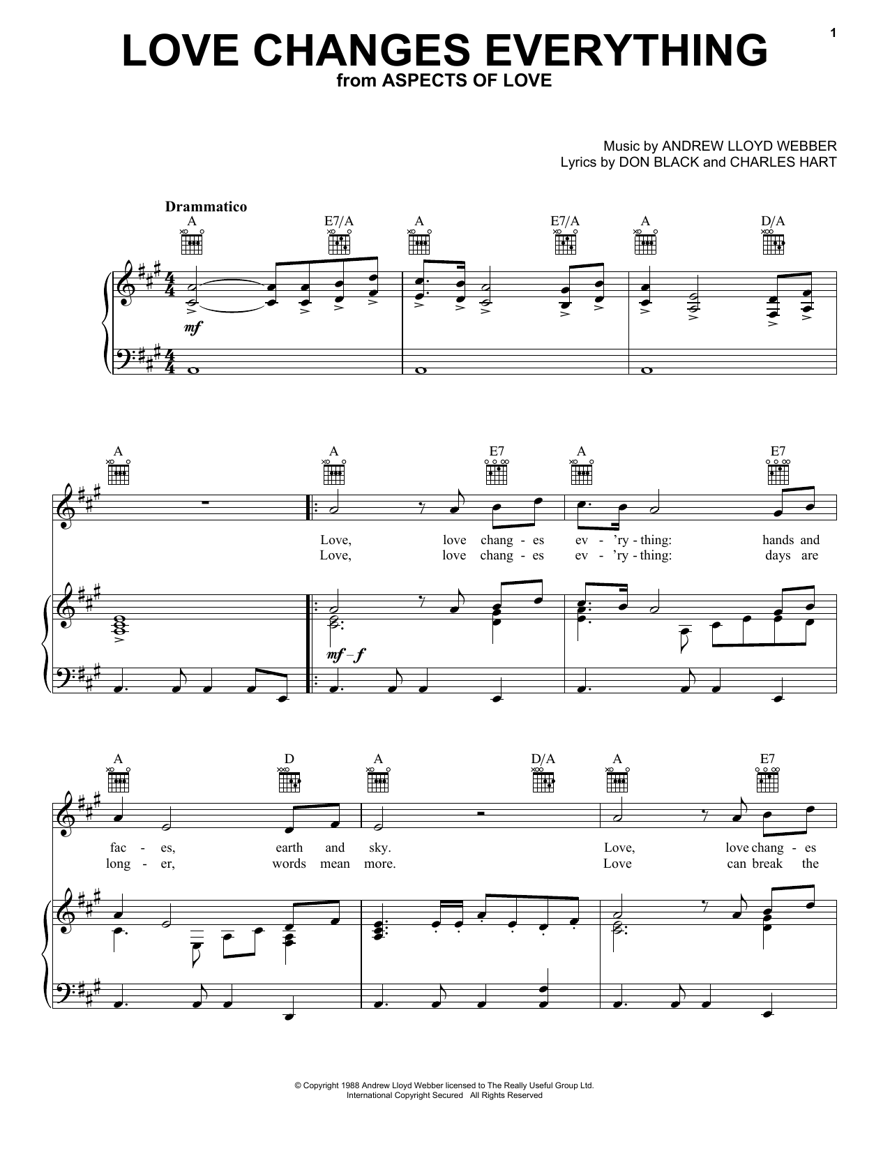 Preview Andrew Lloyd Webber Love Changes Everything Musicals sheet music, notes and chords for Piano, Vocal & Guitar (Right-Hand Melody), SKU: 21375 sheet music, piano notes, chords, guitar tabs, score, transpose, transcribe, how to play, guide, download, learn, tutorial, progression, song, artist, awards, billboard, mtv, vh1, tour, single, album, release