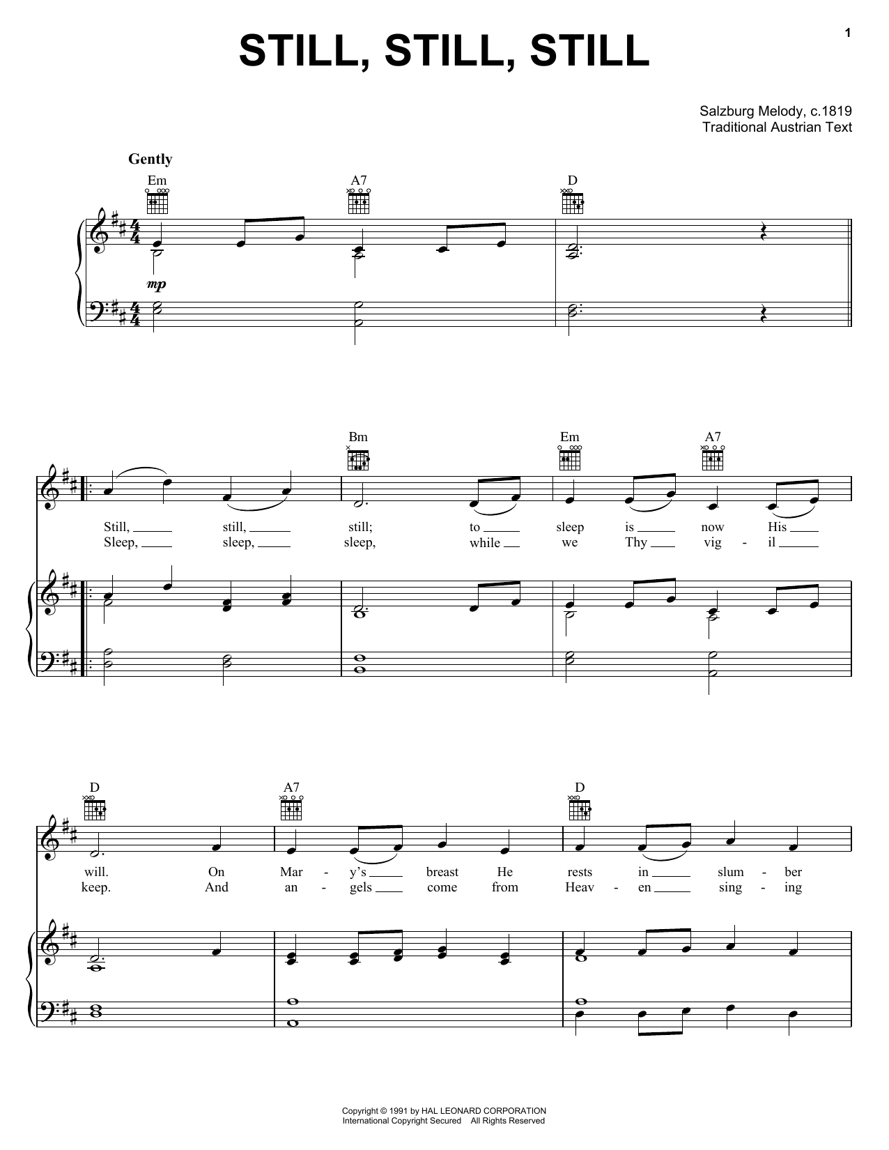 Preview Traditional Still, Still, Still Folk sheet music, notes and chords for Piano, Vocal & Guitar (Right-Hand Melody), SKU: 21436 sheet music, piano notes, chords, guitar tabs, score, transpose, transcribe, how to play, guide, download, learn, tutorial, progression, song, artist, awards, billboard, mtv, vh1, tour, single, album, release