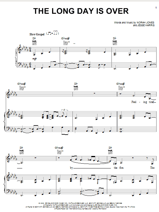 Preview Norah Jones The Long Day Is Over Pop sheet music, notes and chords for Piano, Vocal & Guitar (Right-Hand Melody), SKU: 21447 sheet music, piano notes, chords, guitar tabs, score, transpose, transcribe, how to play, guide, download, learn, tutorial, progression, song, artist, awards, billboard, mtv, vh1, tour, single, album, release