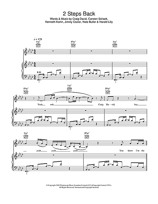 Preview Craig David 2 Steps Back R & B sheet music, notes and chords for Piano, Vocal & Guitar, SKU: 22242 sheet music, piano notes, chords, guitar tabs, score, transpose, transcribe, how to play, guide, download, learn, tutorial, progression, song, artist, awards, billboard, mtv, vh1, tour, single, album, release