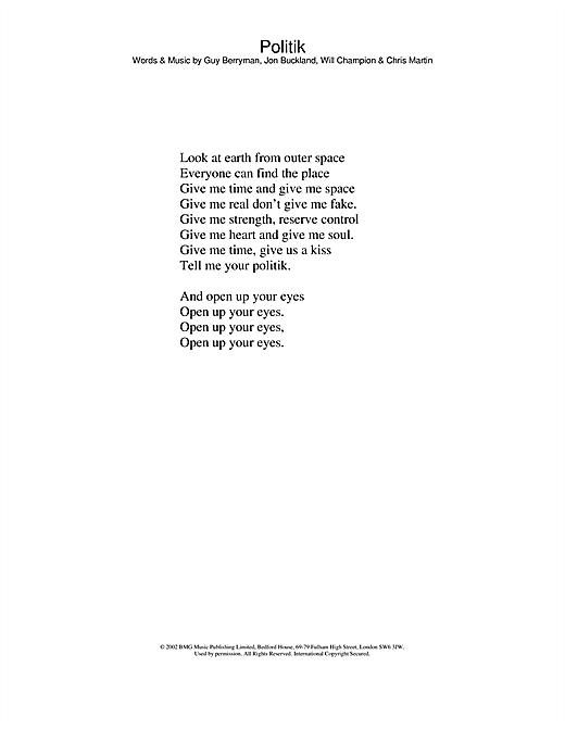 Preview Coldplay Politik Pop sheet music, notes and chords for Lyrics Only, SKU: 24105 sheet music, piano notes, chords, guitar tabs, score, transpose, transcribe, how to play, guide, download, learn, tutorial, progression, song, artist, awards, billboard, mtv, vh1, tour, single, album, release