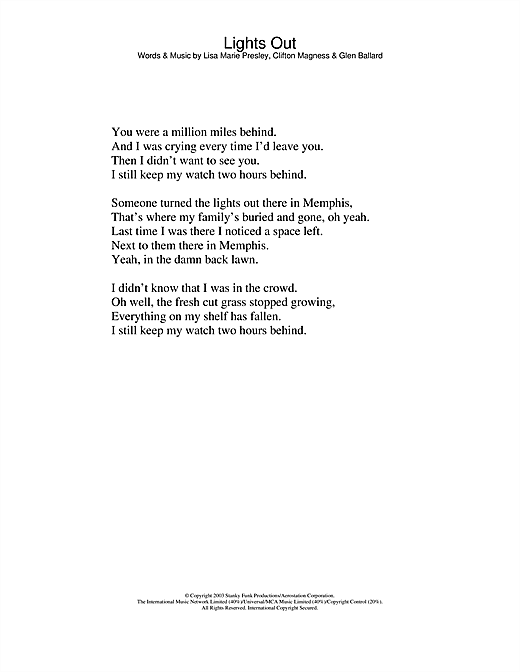 Preview Lisa Marie Presley Lights Out Rock sheet music, notes and chords for Lyrics Only, SKU: 24606 sheet music, piano notes, chords, guitar tabs, score, transpose, transcribe, how to play, guide, download, learn, tutorial, progression, song, artist, awards, billboard, mtv, vh1, tour, single, album, release