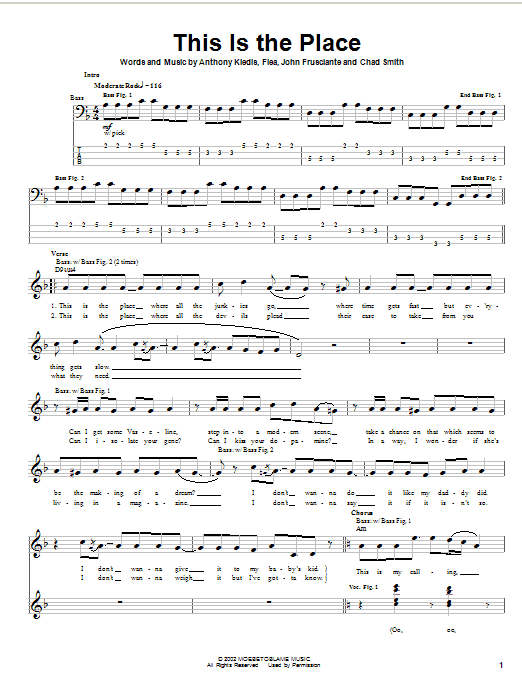 Preview Red Hot Chili Peppers This Is The Place Rock sheet music, notes and chords for Bass Guitar Tab, SKU: 24646 sheet music, piano notes, chords, guitar tabs, score, transpose, transcribe, how to play, guide, download, learn, tutorial, progression, song, artist, awards, billboard, mtv, vh1, tour, single, album, release