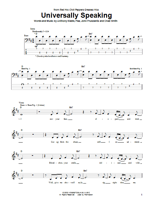 Preview Red Hot Chili Peppers Universally Speaking Rock sheet music, notes and chords for Bass Guitar Tab, SKU: 24648 sheet music, piano notes, chords, guitar tabs, score, transpose, transcribe, how to play, guide, download, learn, tutorial, progression, song, artist, awards, billboard, mtv, vh1, tour, single, album, release