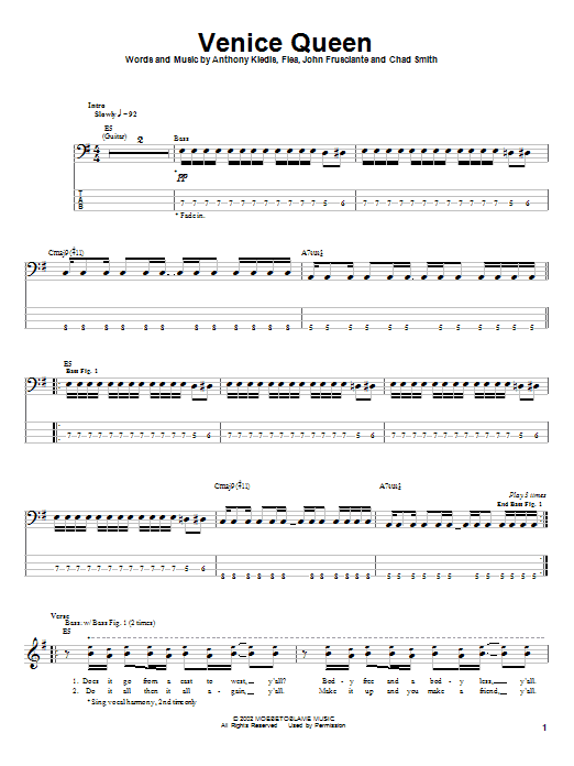 Preview Red Hot Chili Peppers Venice Queen Rock sheet music, notes and chords for Bass Guitar Tab, SKU: 24649 sheet music, piano notes, chords, guitar tabs, score, transpose, transcribe, how to play, guide, download, learn, tutorial, progression, song, artist, awards, billboard, mtv, vh1, tour, single, album, release