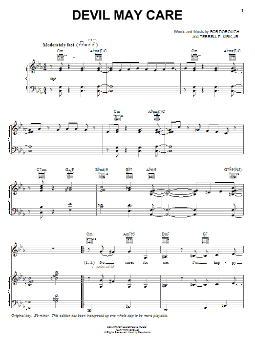 Preview Diana Krall Devil May Care Jazz sheet music, notes and chords for Piano, Vocal & Guitar (Right-Hand Melody), SKU: 24652 sheet music, piano notes, chords, guitar tabs, score, transpose, transcribe, how to play, guide, download, learn, tutorial, progression, song, artist, awards, billboard, mtv, vh1, tour, single, album, release