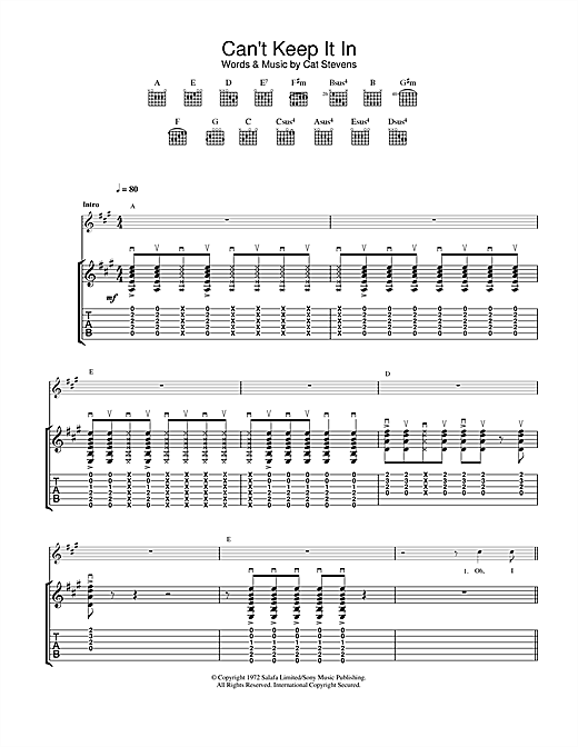 Preview Cat Stevens Can't Keep It In Pop sheet music, notes and chords for Guitar Tab, SKU: 24653 sheet music, piano notes, chords, guitar tabs, score, transpose, transcribe, how to play, guide, download, learn, tutorial, progression, song, artist, awards, billboard, mtv, vh1, tour, single, album, release