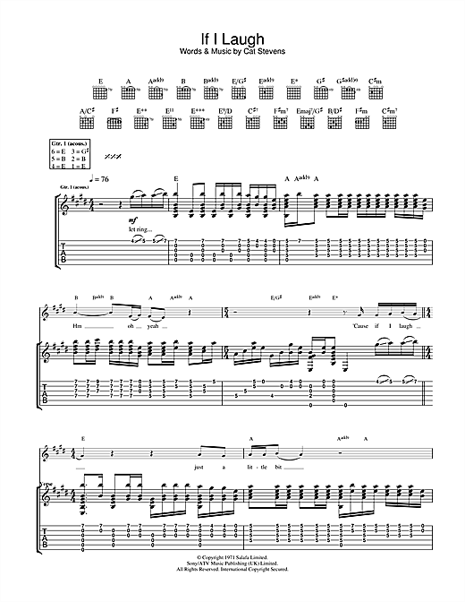 Preview Cat Stevens If I Laugh Pop sheet music, notes and chords for Guitar Tab, SKU: 24657 sheet music, piano notes, chords, guitar tabs, score, transpose, transcribe, how to play, guide, download, learn, tutorial, progression, song, artist, awards, billboard, mtv, vh1, tour, single, album, release