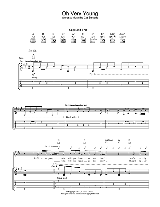 Preview Cat Stevens Oh Very Young Pop sheet music, notes and chords for Guitar Tab, SKU: 24661 sheet music, piano notes, chords, guitar tabs, score, transpose, transcribe, how to play, guide, download, learn, tutorial, progression, song, artist, awards, billboard, mtv, vh1, tour, single, album, release