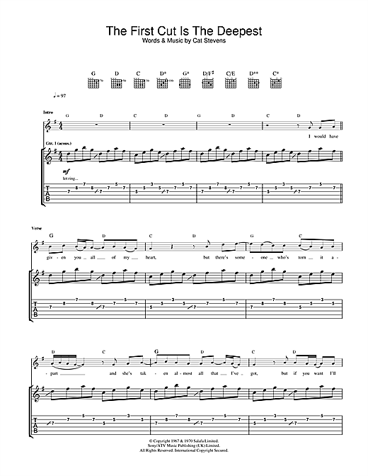 Preview Cat Stevens The First Cut Is The Deepest Pop sheet music, notes and chords for Guitar Tab, SKU: 24663 sheet music, piano notes, chords, guitar tabs, score, transpose, transcribe, how to play, guide, download, learn, tutorial, progression, song, artist, awards, billboard, mtv, vh1, tour, single, album, release