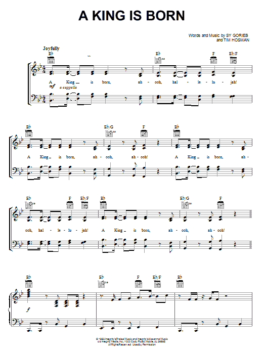Preview Ron Kenoly A King Is Born Religious sheet music, notes and chords for Piano, Vocal & Guitar (Right-Hand Melody), SKU: 24669 sheet music, piano notes, chords, guitar tabs, score, transpose, transcribe, how to play, guide, download, learn, tutorial, progression, song, artist, awards, billboard, mtv, vh1, tour, single, album, release