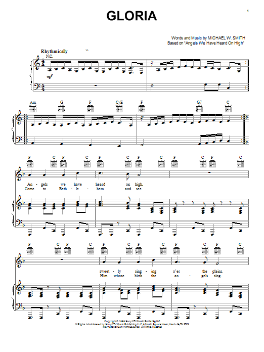 Preview Michael W. Smith Gloria Religious sheet music, notes and chords for Piano, Vocal & Guitar (Right-Hand Melody), SKU: 24670 sheet music, piano notes, chords, guitar tabs, score, transpose, transcribe, how to play, guide, download, learn, tutorial, progression, song, artist, awards, billboard, mtv, vh1, tour, single, album, release