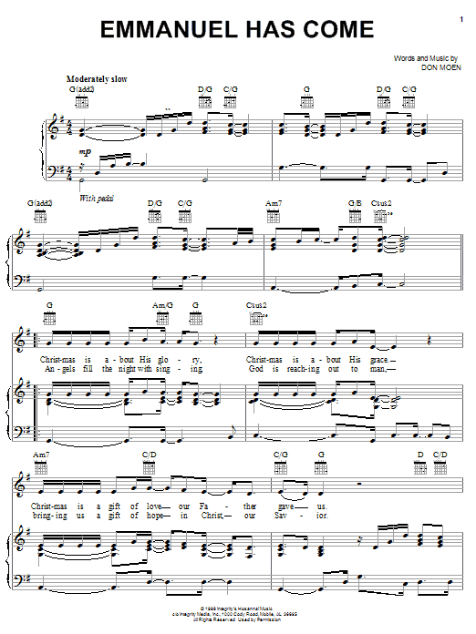 Preview Don Moen Emmanuel Has Come Christmas sheet music, notes and chords for Piano, Vocal & Guitar (Right-Hand Melody), SKU: 24676 sheet music, piano notes, chords, guitar tabs, score, transpose, transcribe, how to play, guide, download, learn, tutorial, progression, song, artist, awards, billboard, mtv, vh1, tour, single, album, release