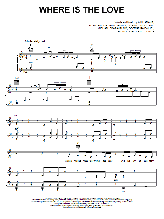 Preview The Black Eyed Peas Where Is The Love Pop sheet music, notes and chords for Piano, Vocal & Guitar (Right-Hand Melody), SKU: 24680 sheet music, piano notes, chords, guitar tabs, score, transpose, transcribe, how to play, guide, download, learn, tutorial, progression, song, artist, awards, billboard, mtv, vh1, tour, single, album, release
