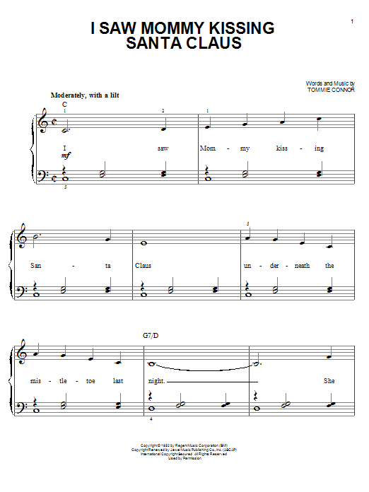 Preview Tommie Connor I Saw Mommy Kissing Santa Claus Ballad sheet music, notes and chords for Easy Piano, SKU: 24683 sheet music, piano notes, chords, guitar tabs, score, transpose, transcribe, how to play, guide, download, learn, tutorial, progression, song, artist, awards, billboard, mtv, vh1, tour, single, album, release