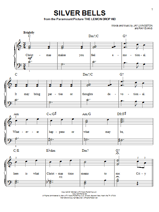 Preview Jay Livingston Silver Bells Folk sheet music, notes and chords for Easy Piano, SKU: 24687 sheet music, piano notes, chords, guitar tabs, score, transpose, transcribe, how to play, guide, download, learn, tutorial, progression, song, artist, awards, billboard, mtv, vh1, tour, single, album, release