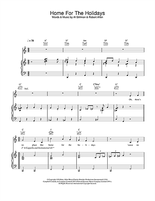 Preview Perry Como (There's No Place Like) Home For The Holidays Easy Listening sheet music, notes and chords for Piano, Vocal & Guitar, SKU: 24690 sheet music, piano notes, chords, guitar tabs, score, transpose, transcribe, how to play, guide, download, learn, tutorial, progression, song, artist, awards, billboard, mtv, vh1, tour, single, album, release