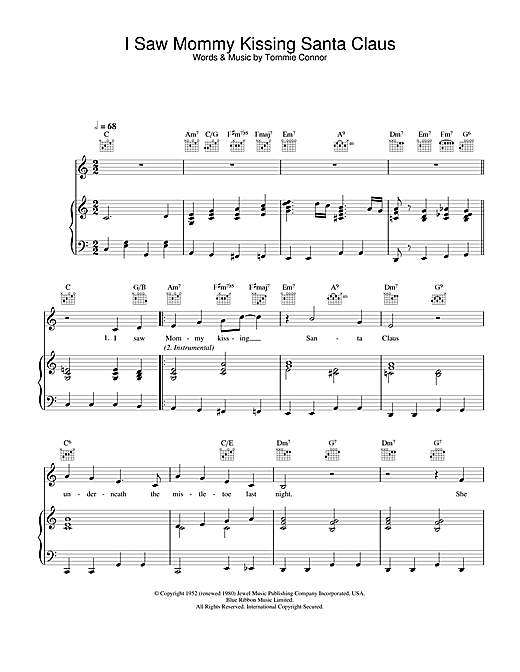 Preview Andy Williams I Saw Mommy Kissing Santa Claus Christmas sheet music, notes and chords for Piano, Vocal & Guitar, SKU: 24691 sheet music, piano notes, chords, guitar tabs, score, transpose, transcribe, how to play, guide, download, learn, tutorial, progression, song, artist, awards, billboard, mtv, vh1, tour, single, album, release