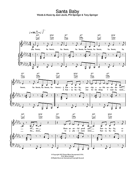 Preview Eartha Kitt Santa Baby Christmas sheet music, notes and chords for Piano, Vocal & Guitar, SKU: 24693 sheet music, piano notes, chords, guitar tabs, score, transpose, transcribe, how to play, guide, download, learn, tutorial, progression, song, artist, awards, billboard, mtv, vh1, tour, single, album, release