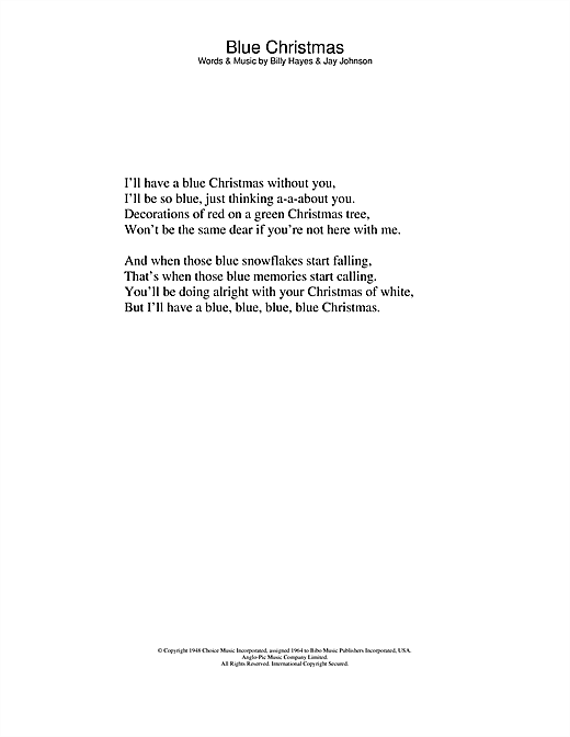 Preview Elvis Presley Blue Christmas Pop sheet music, notes and chords for Lyrics Only, SKU: 24698 sheet music, piano notes, chords, guitar tabs, score, transpose, transcribe, how to play, guide, download, learn, tutorial, progression, song, artist, awards, billboard, mtv, vh1, tour, single, album, release
