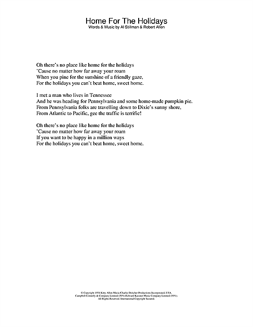 Preview Perry Como (There's No Place Like) Home For The Holidays Easy Listening sheet music, notes and chords for Lyrics Only, SKU: 24700 sheet music, piano notes, chords, guitar tabs, score, transpose, transcribe, how to play, guide, download, learn, tutorial, progression, song, artist, awards, billboard, mtv, vh1, tour, single, album, release