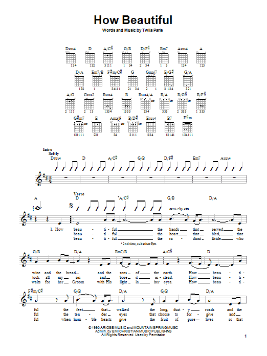 Preview Twila Paris How Beautiful Pop sheet music, notes and chords for Guitar with strumming patterns, SKU: 24712 sheet music, piano notes, chords, guitar tabs, score, transpose, transcribe, how to play, guide, download, learn, tutorial, progression, song, artist, awards, billboard, mtv, vh1, tour, single, album, release